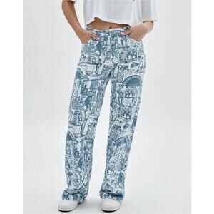 GUESS Originals Vintage Graphic Print Baggy Wide-Leg Jeans in Blue/White Size 25
